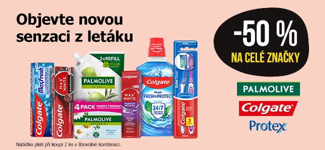 -50 % na značky Palmolive, Colgate a Protex